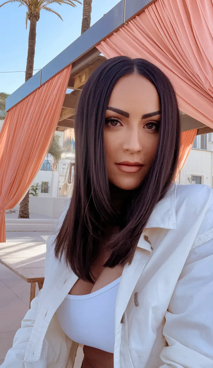 2025 Fall Hair Color Trends for Latina Women Soft Espresso Mid-Length with Blunt Ends