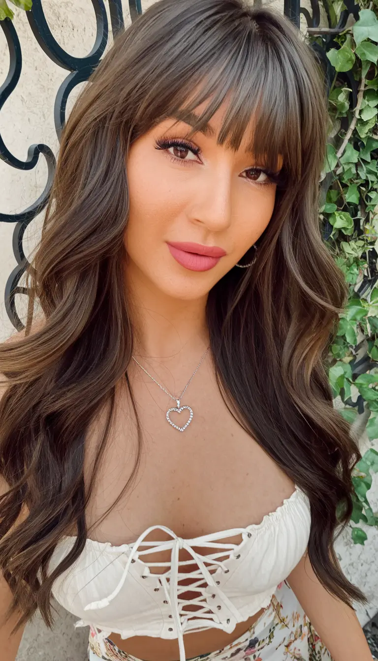 2025 Fall Hair Color Trends for Latina Women Glossy Chocolate Length with Soft Curtain Bangs