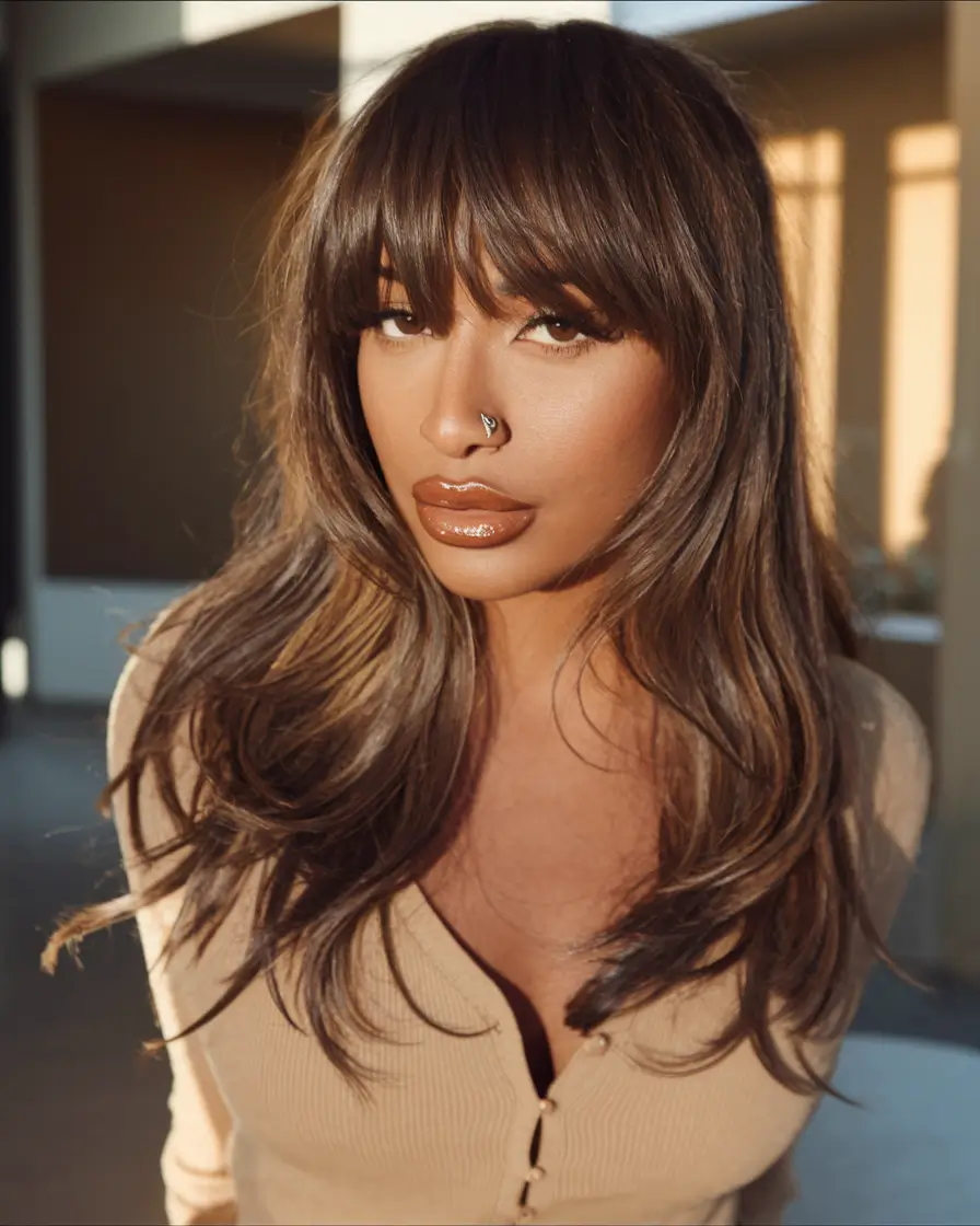 2025 Fall Hair Color Trends for Latina Women Sun-Kissed Espresso Layers with Dimensional Bangs