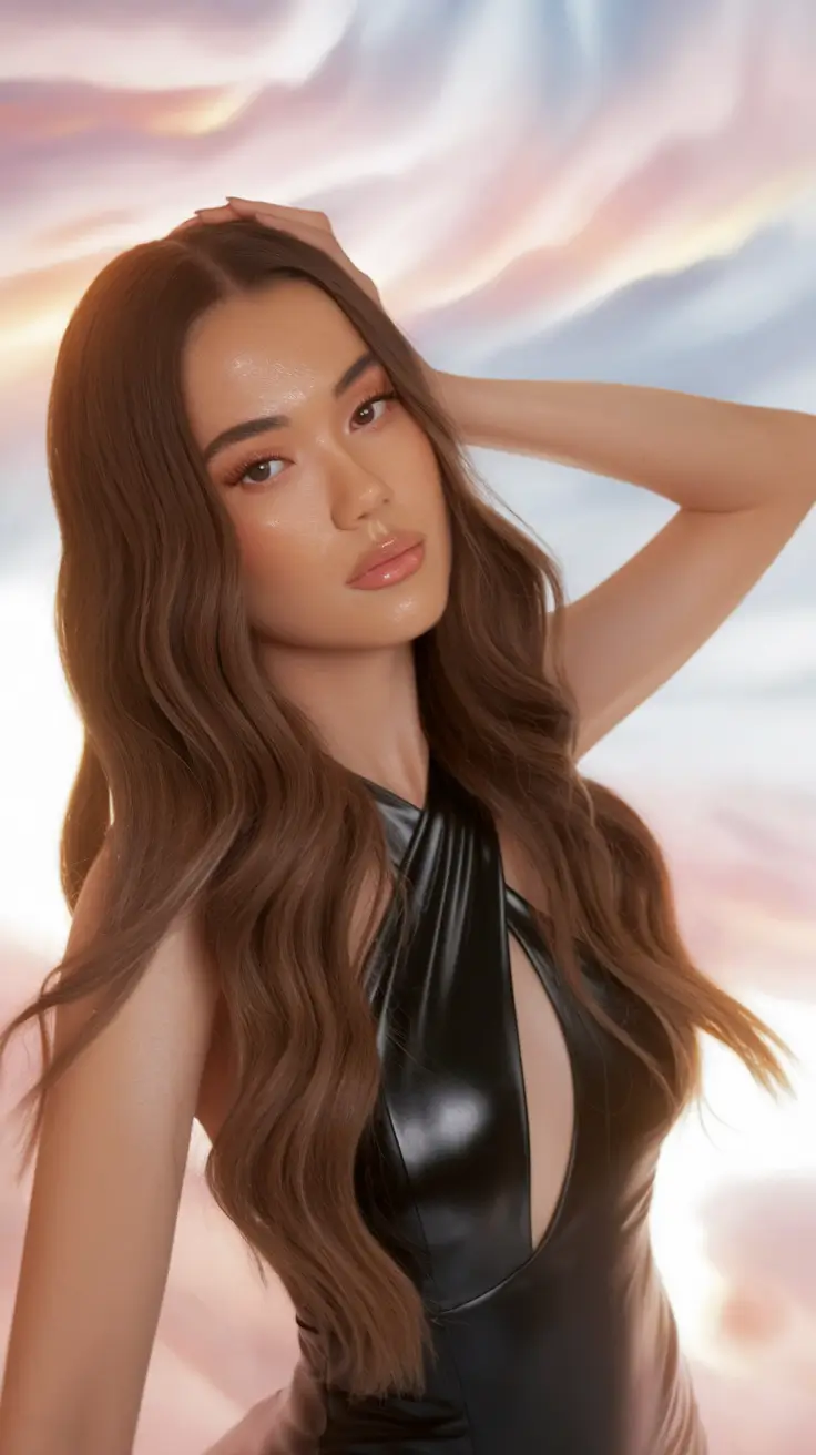 2025 Fall Hair Color Trends for Warm Skin-Tone+Silken Mocha Waves with Glow Finish