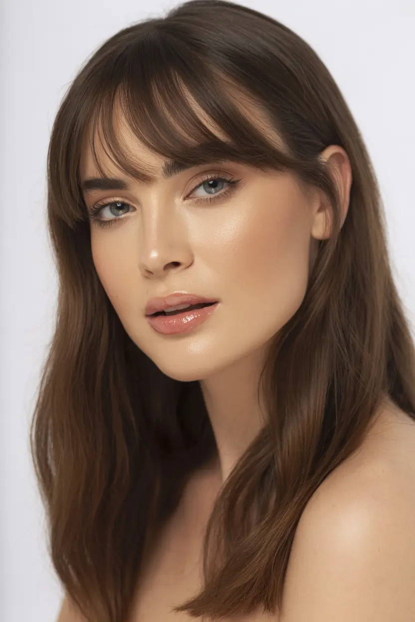 2025 Fall Hair Color Trends for Warm Skin-Tone Classic Chocolate Brown with French-Inspired Bangs