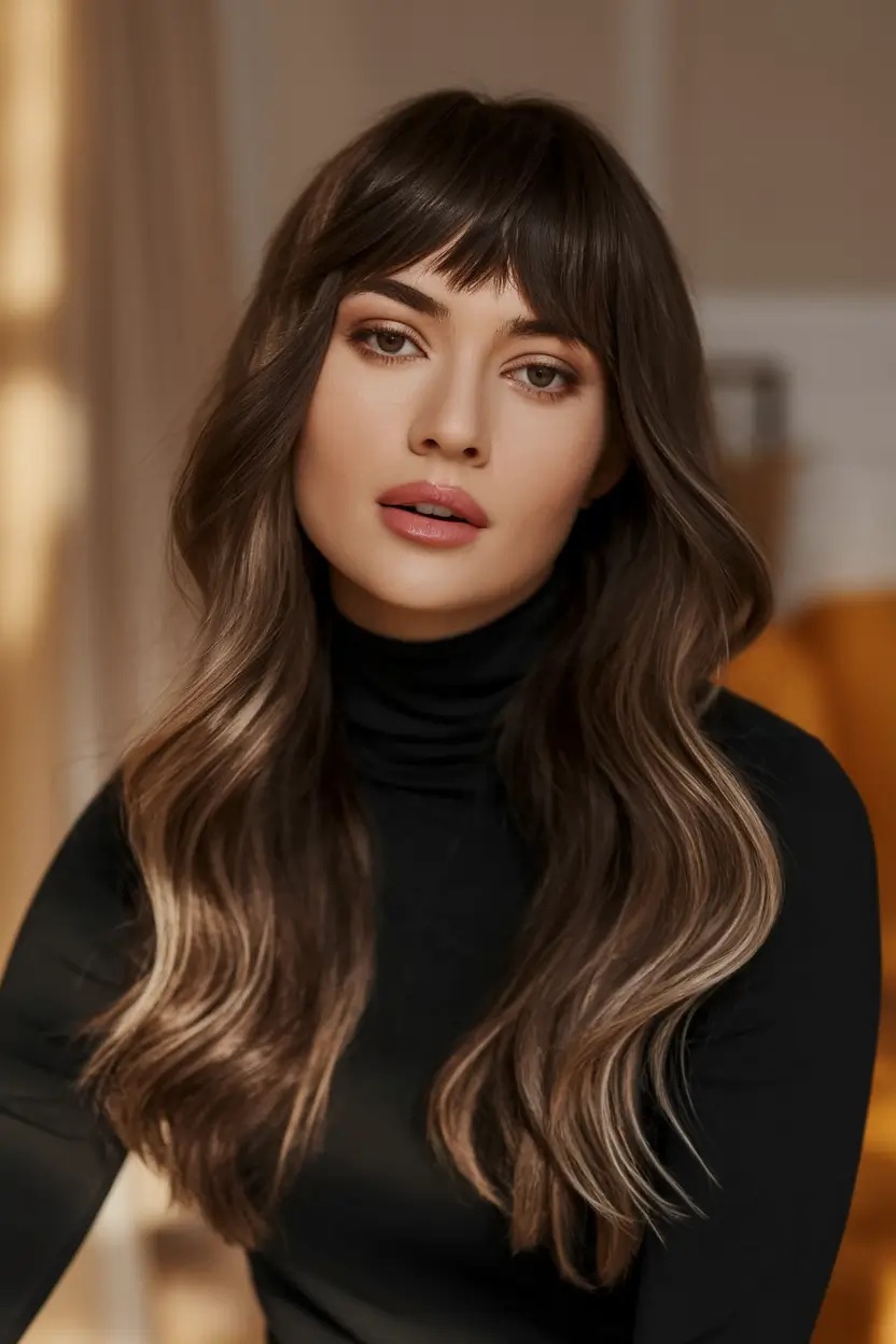2025 Fall Hair Color Trends for Warm Skin-Tone+Subtle Mushroom Brunette with Fringe Elegance