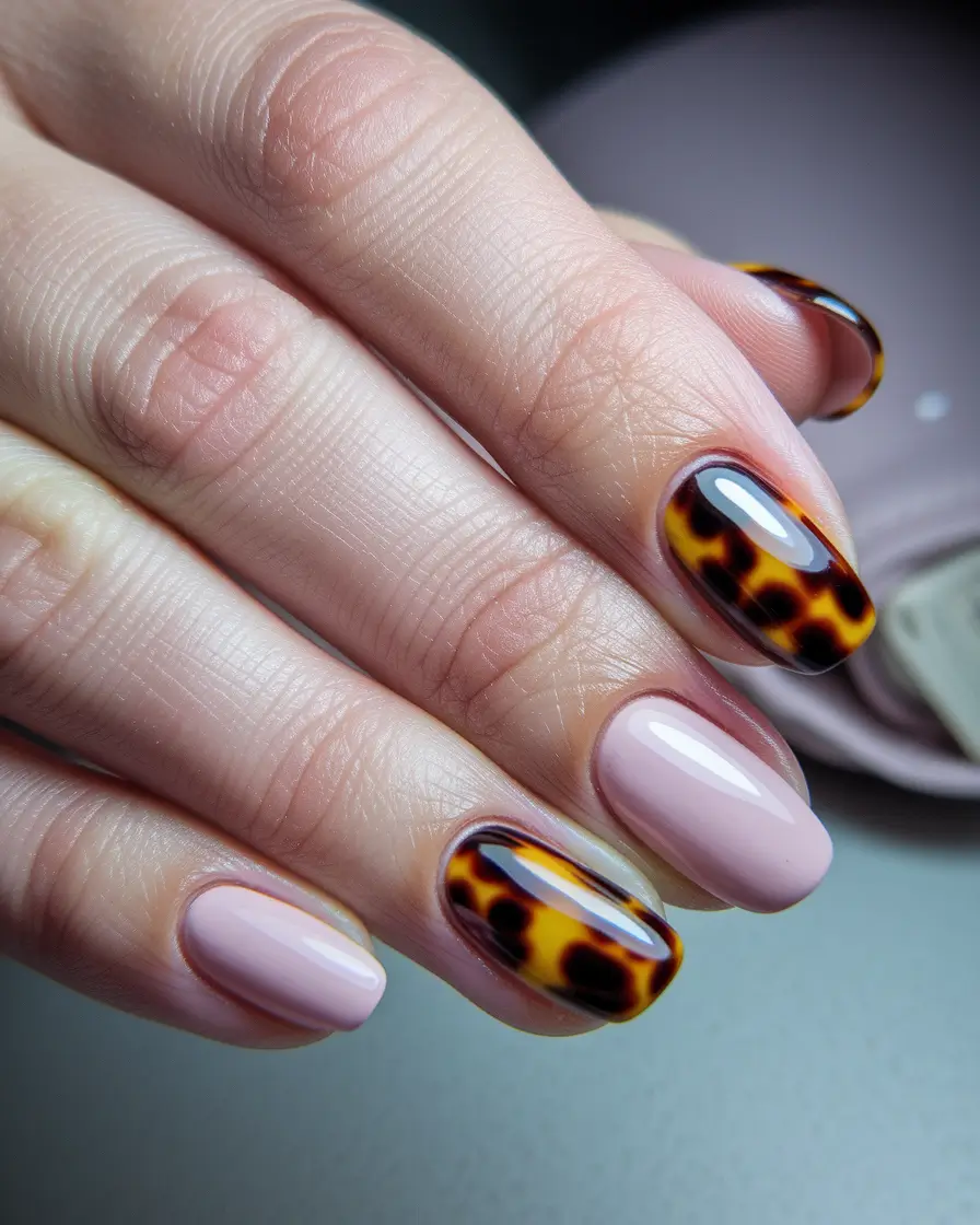 2025 Fall Manicure Ideas Glossy Tortoiseshell and Nude