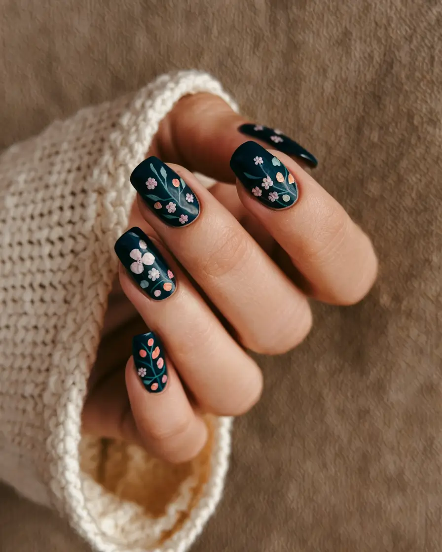 2025 Fall Manicure Ideas Dark Floral Embroidery Vibes