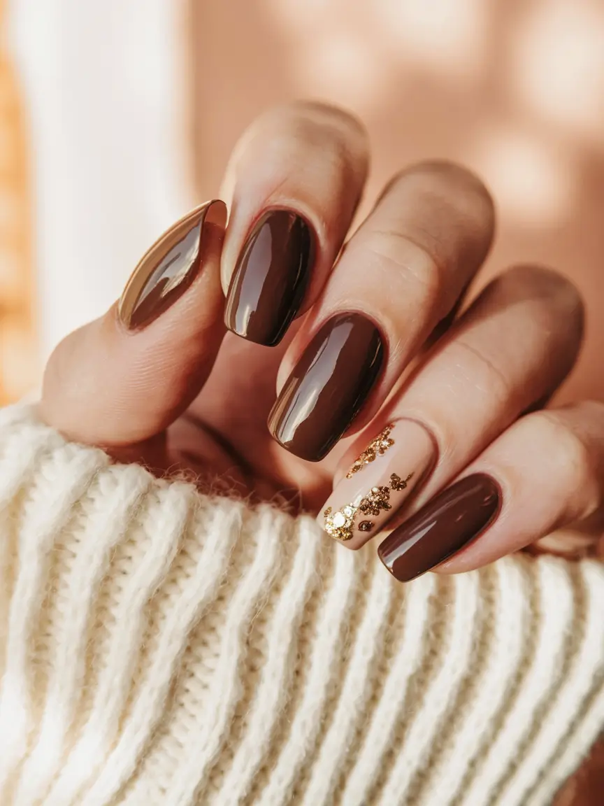 2025 Fall Manicure Ideas Glazed Mocha & Golden Touches