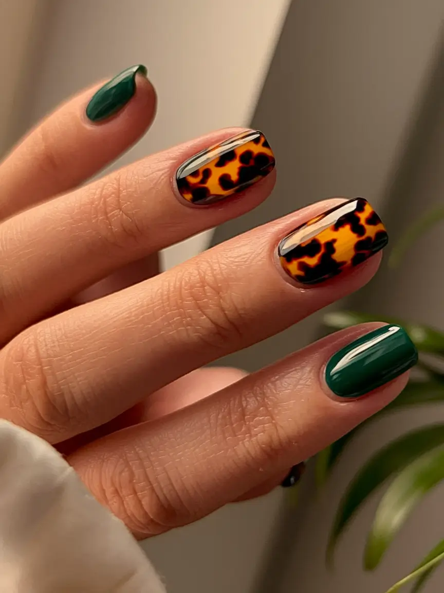 2025 Fall Manicure Ideas Tortoiseshell + Deep Green = Yes