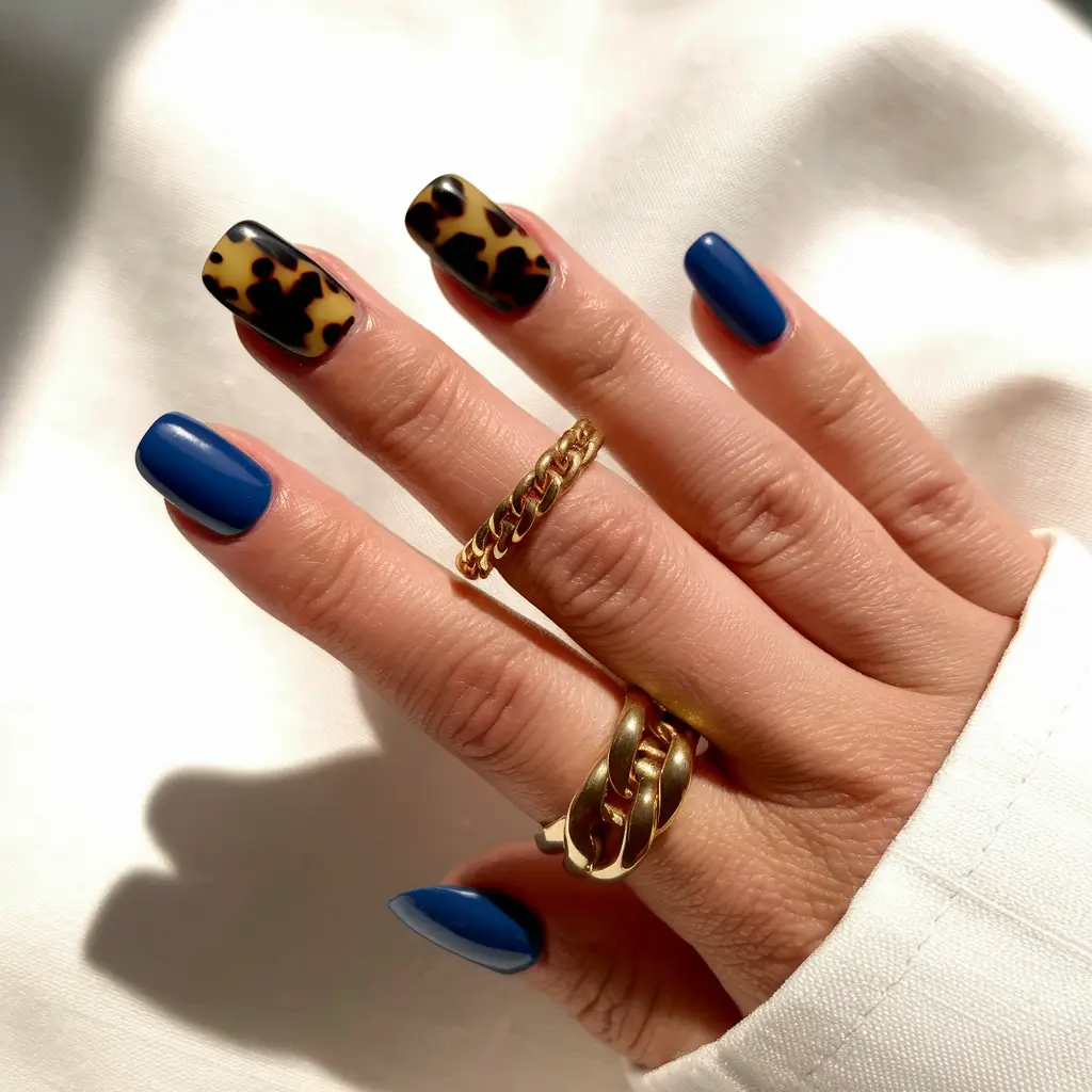 2025 Fall Manicure Ideas Leopard Print & Royal Blue Energy
