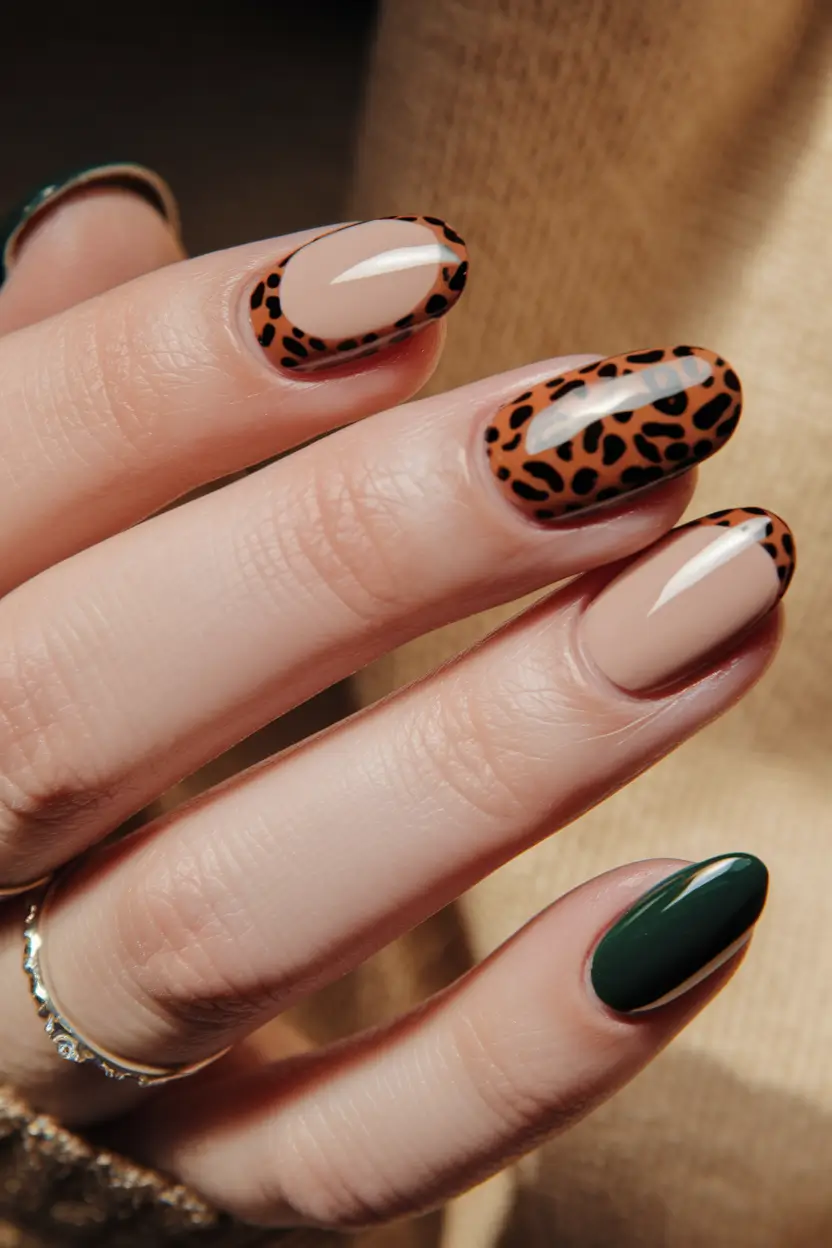 2025 Fall Manicure Ideas Leopard Tips & Moody Green