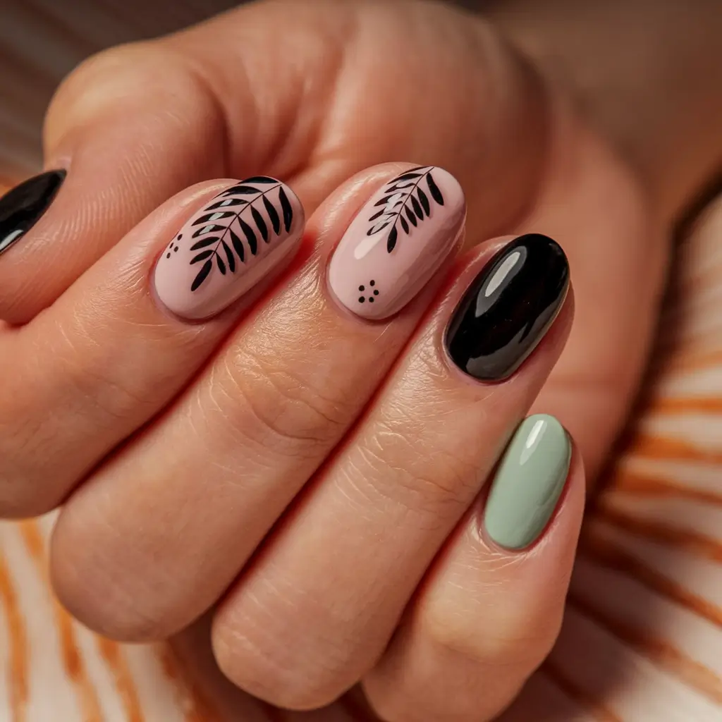 2025 Fall Manicure Ideas Minimalist Botanicals in Monochrome