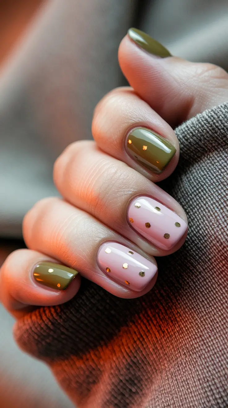 2025 Fall Manicure Ideas Olive Green & Golden Dots