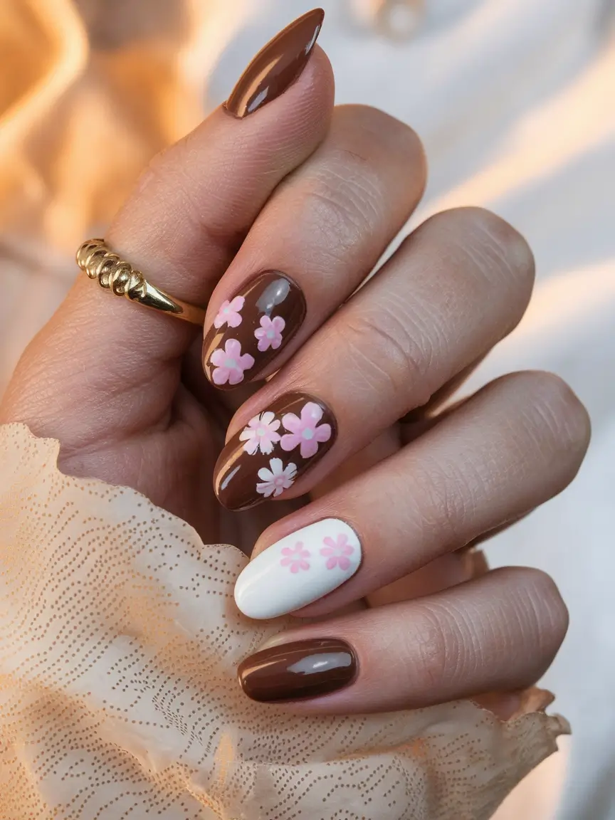2025 Fall Manicure Ideas Chocolate Florals with a Pop