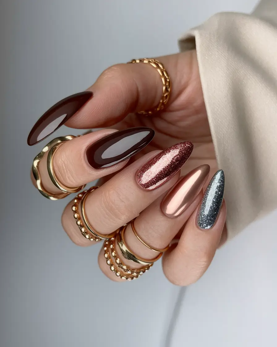 2025 Fall Manicure Ideas Chrome Mix with Autumn Sparkle