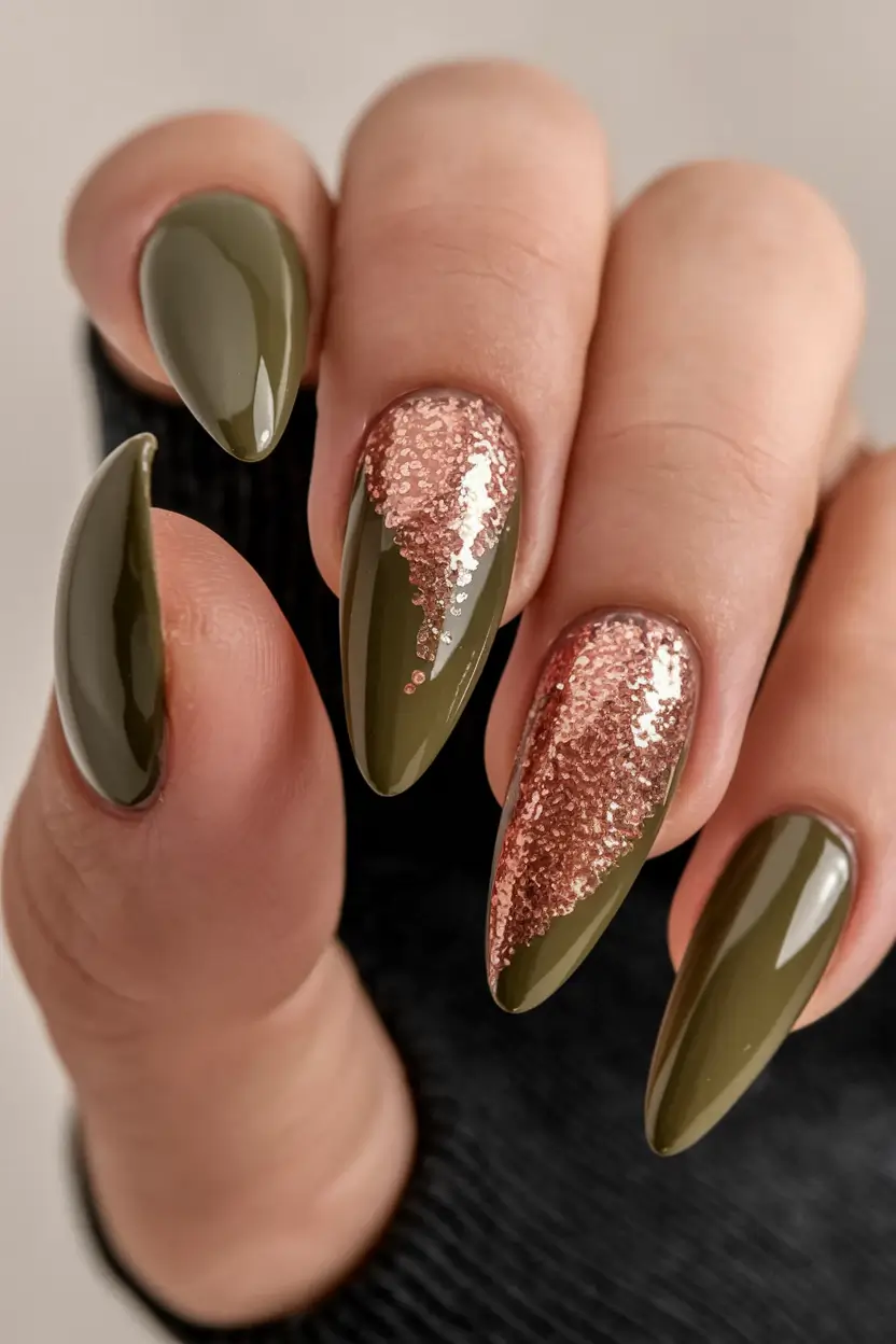 2025 Fall Manicure Ideas Army Green Meets Rose Glitter