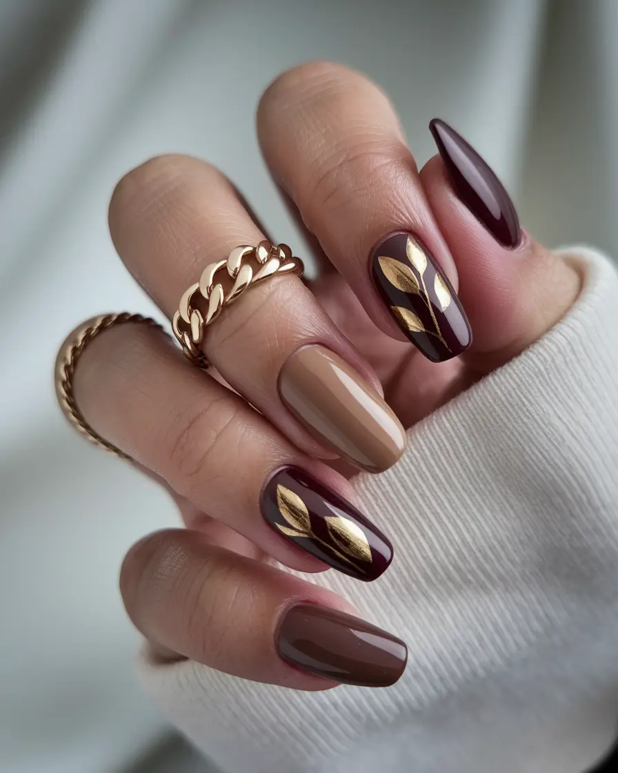 2025 Fall Manicure Ideas Berry and Bronze Leaves