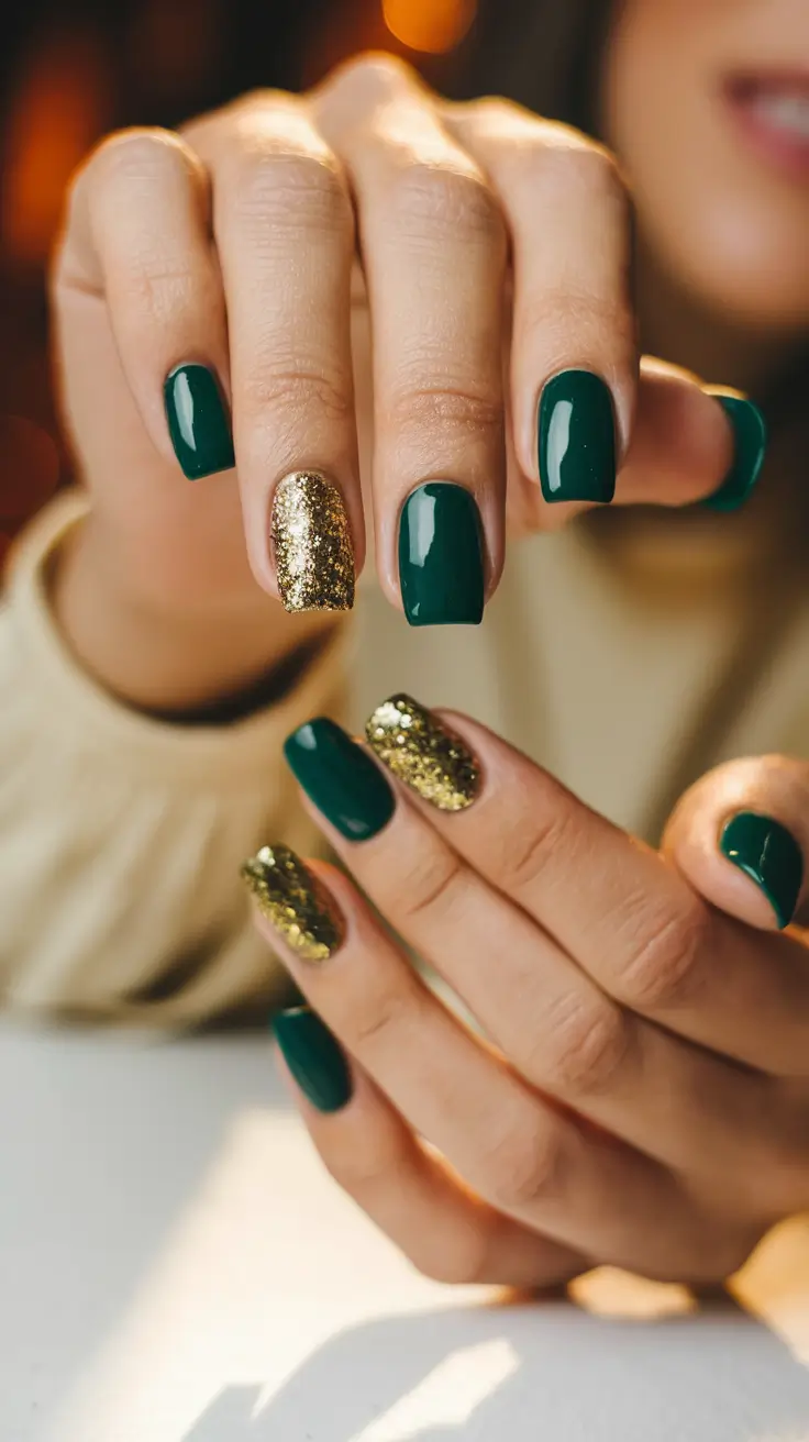 2025 Fall Manicure Ideas Emerald & Glitter Luxe