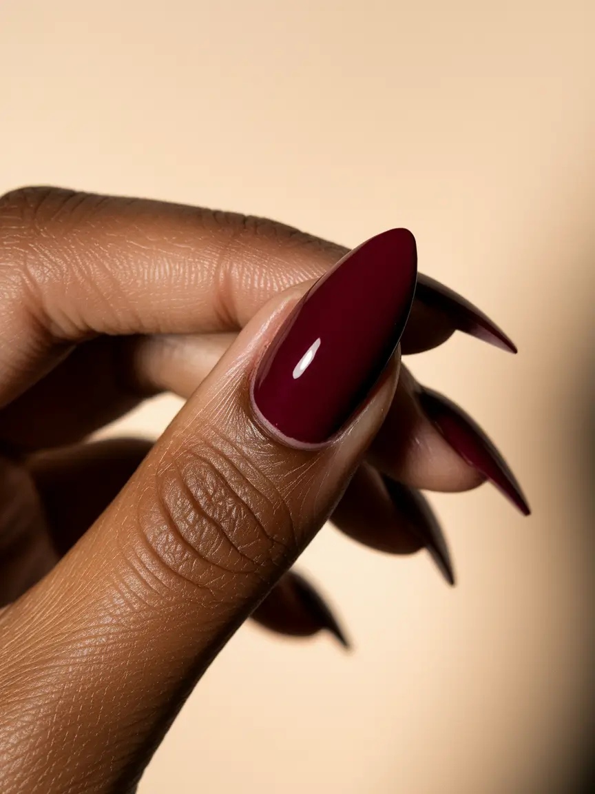 2025 Fall Nail Colors for Dark Skin - Wine Red Almond Tips