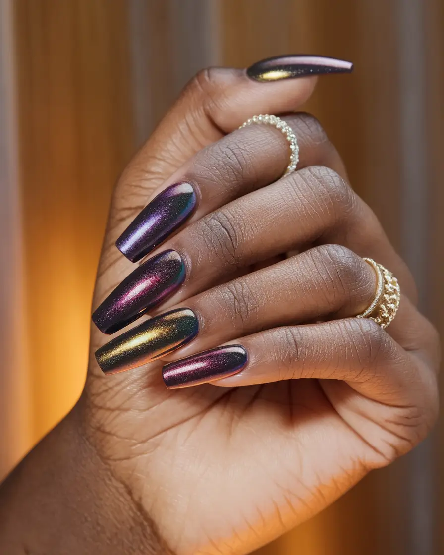 2025 Fall Nail Colors for Dark Skin - Iridescent Metallics