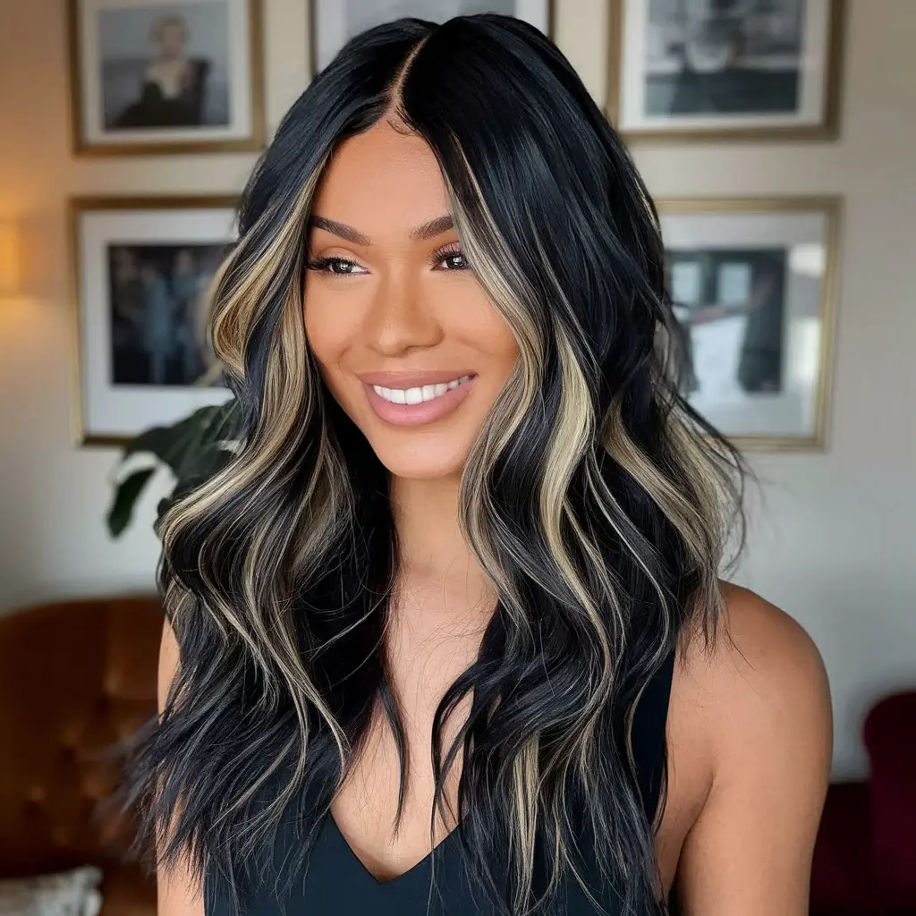 Best Fall Hair Color Shades for Dark Hair in 2025 - Layered Platinum Highlights on Jet Black