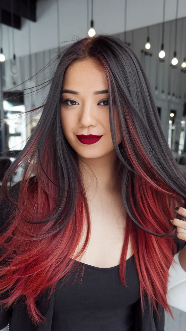 Best Fall Hair Color Shades for Dark Hair in 2025 - Fiery Red Ombre on Deep Black Base