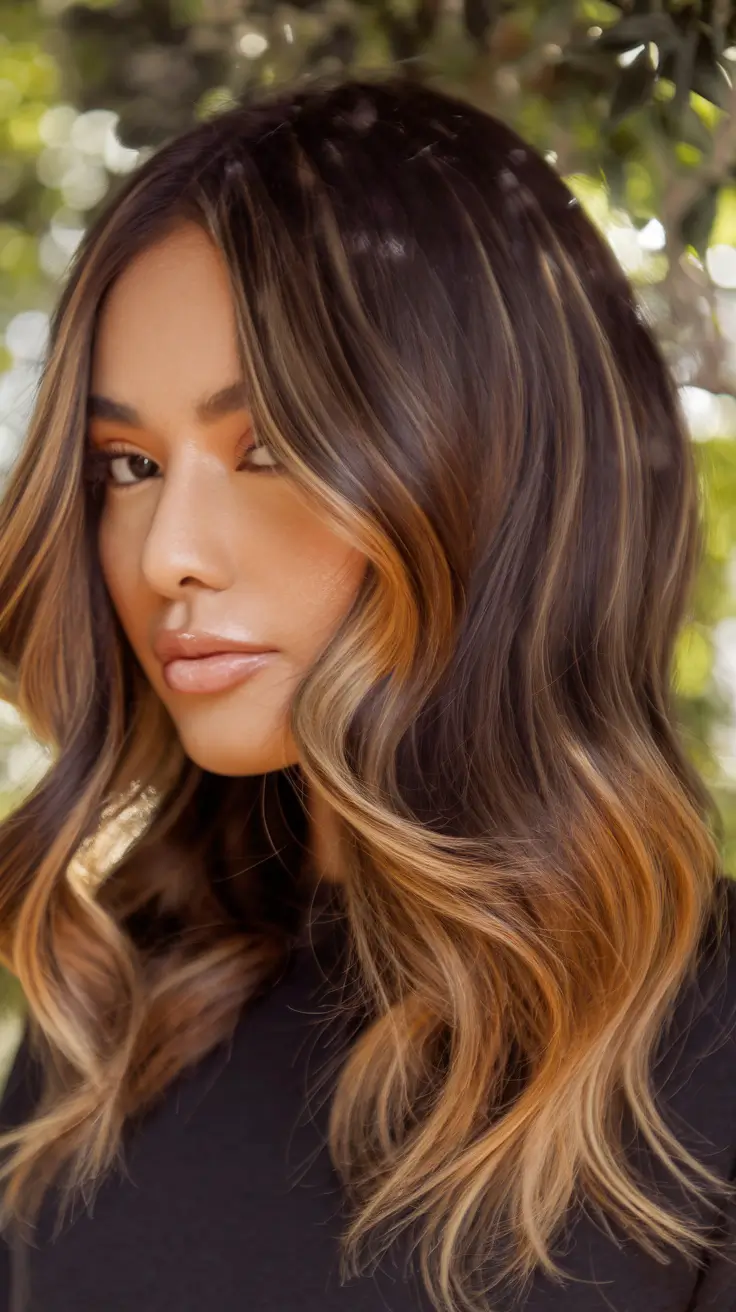 Best Fall Hair Color Shades for Dark Hair in 2025 - Golden Chestnut Balayage with Autumn Glow