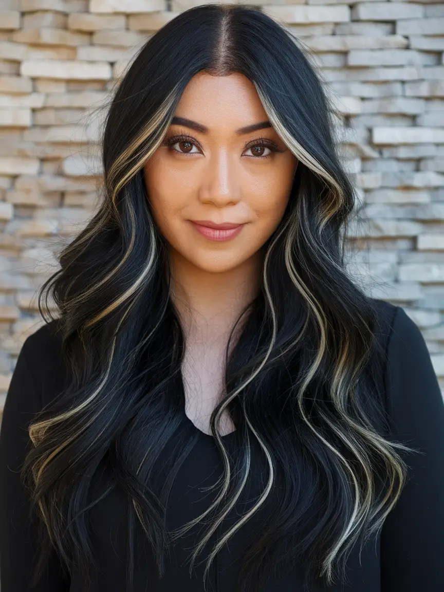 Best Fall Hair Color Shades for Dark Hair in 2025 - Cool Platinum Streamers on Soft Black