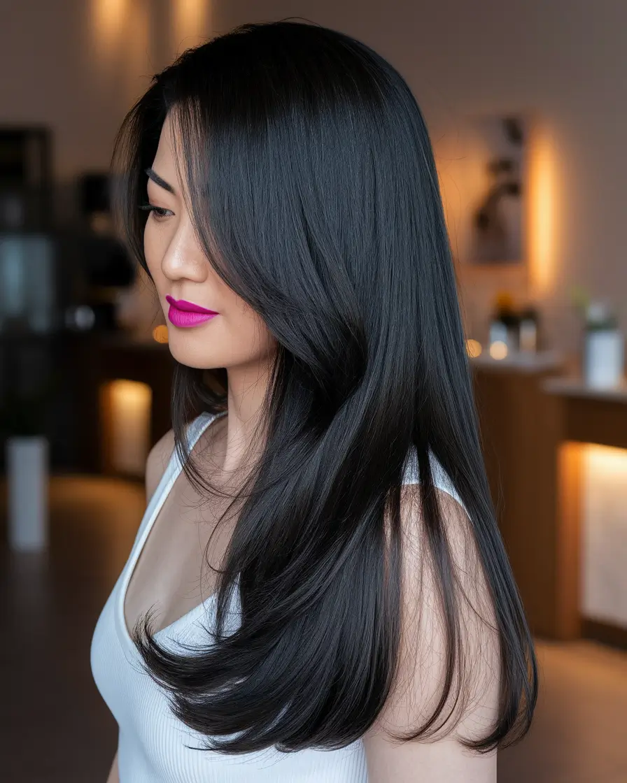 Best Fall Hair Color Shades for Dark Hair in 2025 - Midnight Black Layers with Subtle Bounce