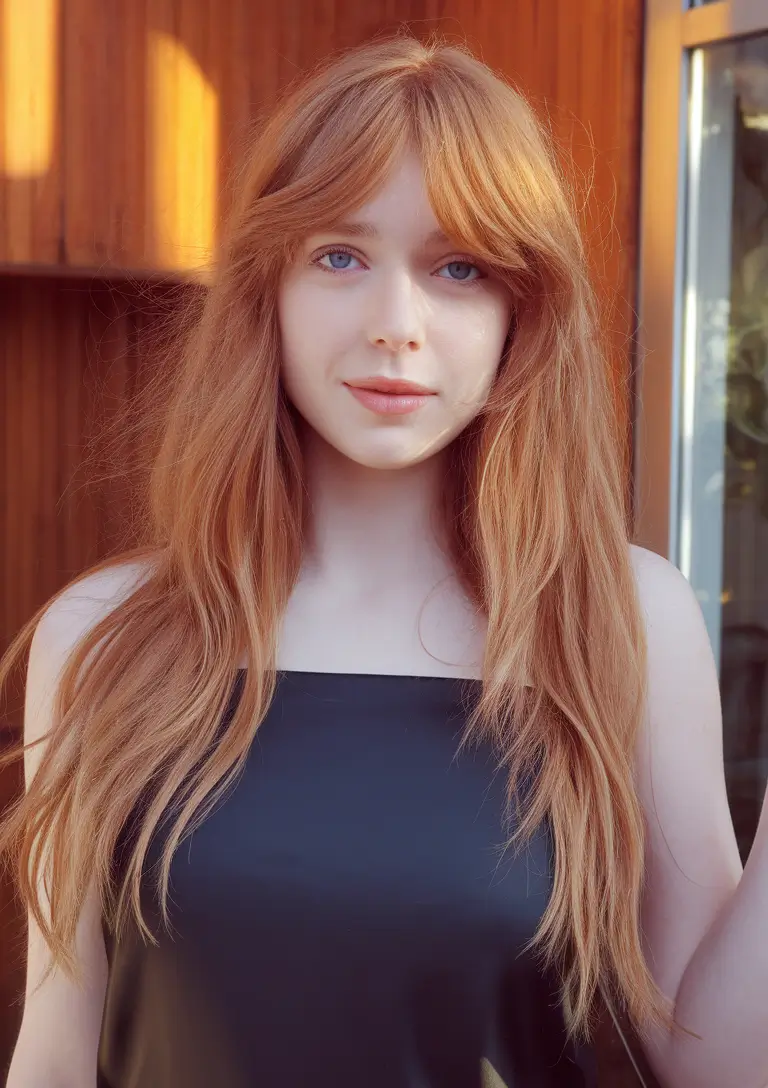 fall hair colors Strawberry Copper Layers with Soft Bangs