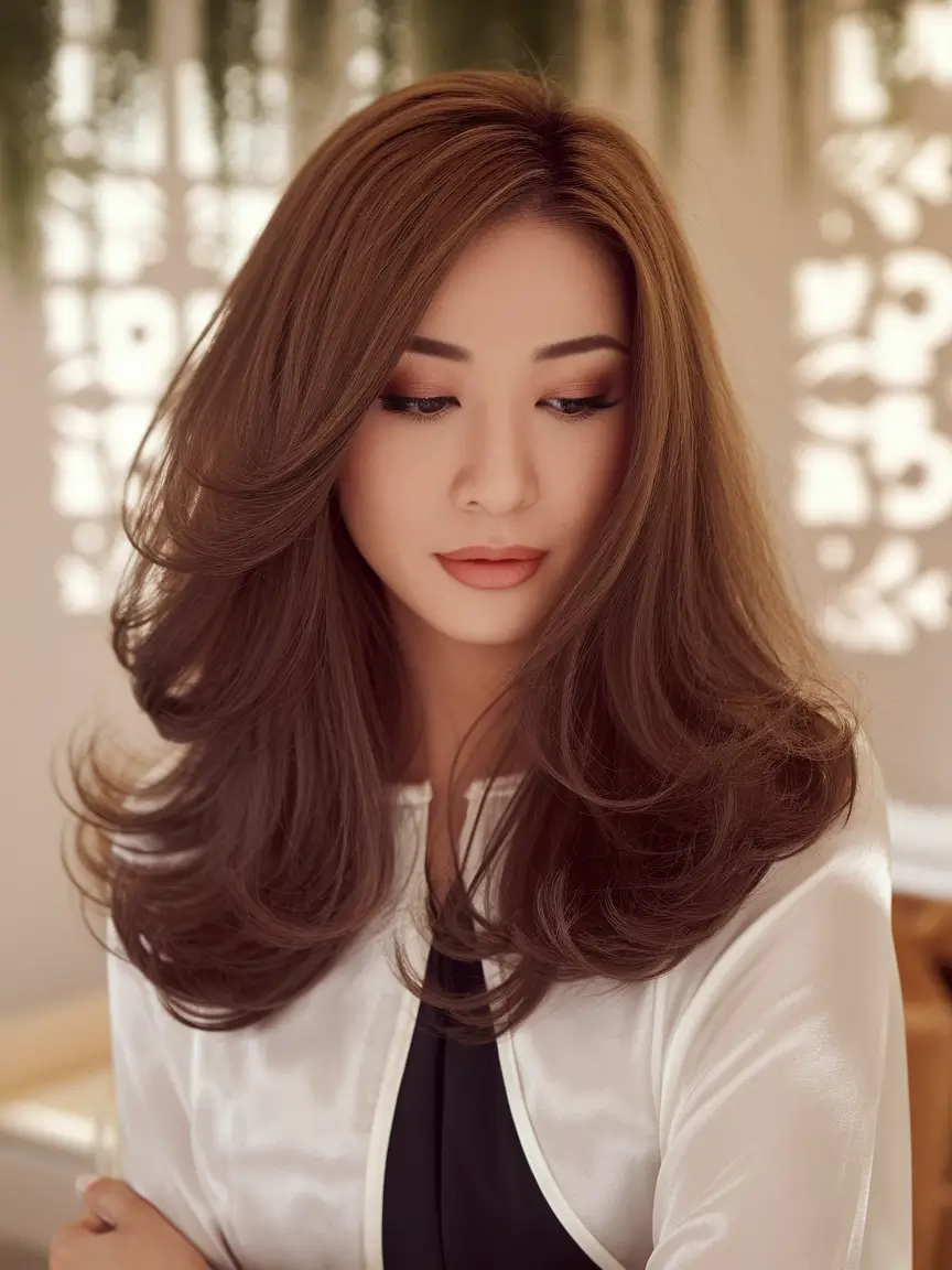 fall hair color trends Layered Milk Chocolate with Flowy Bounce