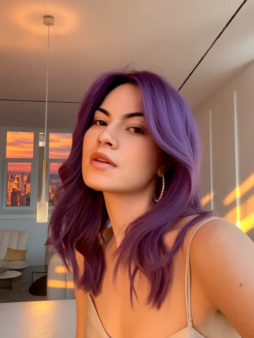 fall hair color trends Matte Violet with a City Sunset Vibe