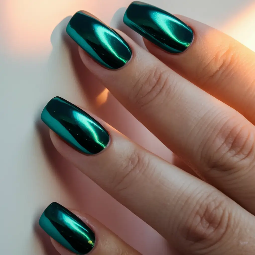 Best Fall Nail Colors for Fair Skin 2025 Deep Green Metallic Nails