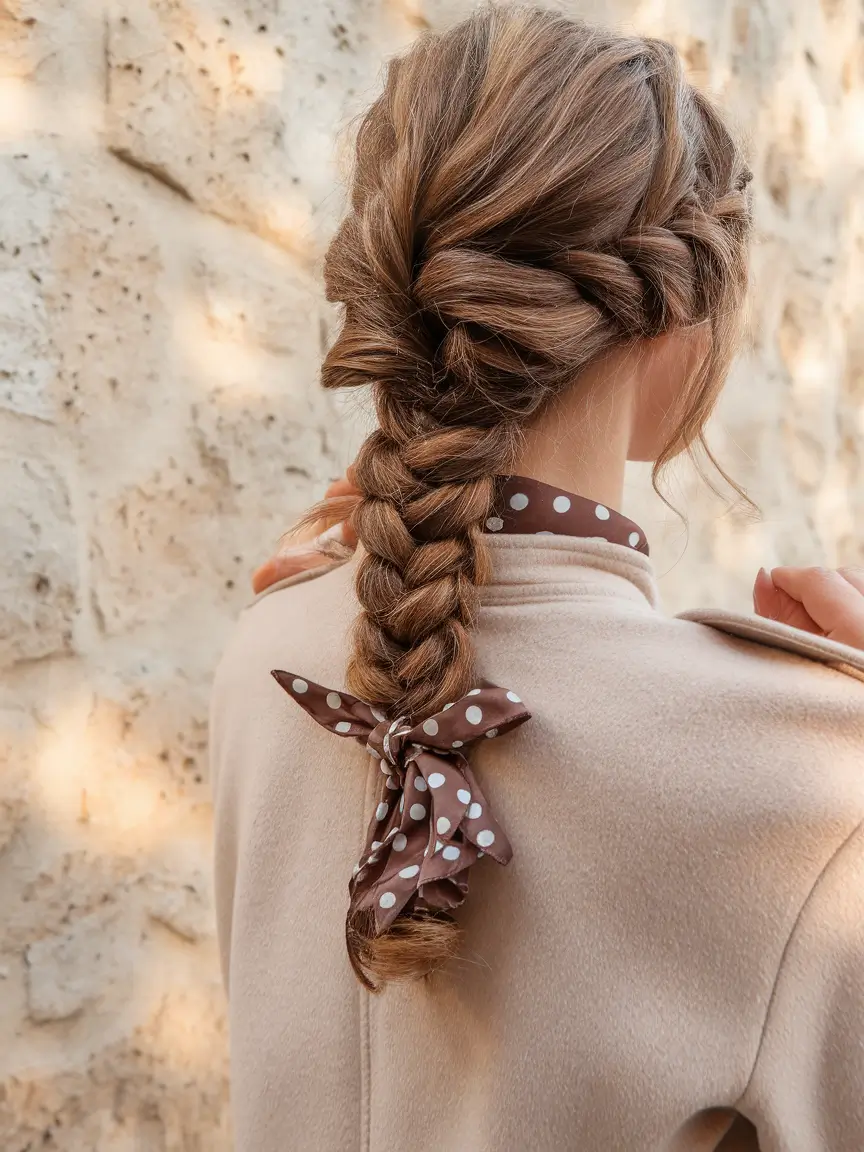 Best Hairstyles for Fall Season 2025 Soft Dutch Braid with a Polka Dot Bow