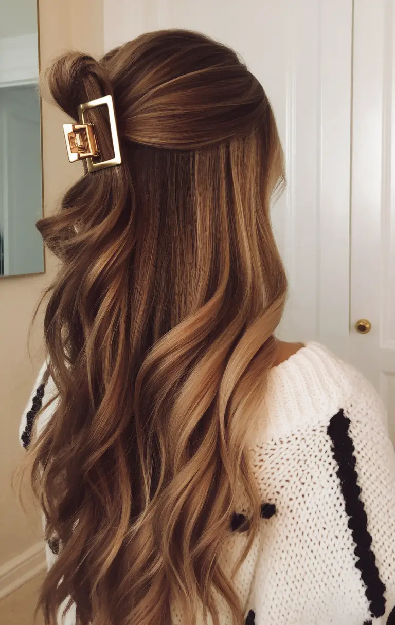 Best Hairstyles for Fall Season 2025 Half-Up Waves with a Bold Claw Clip