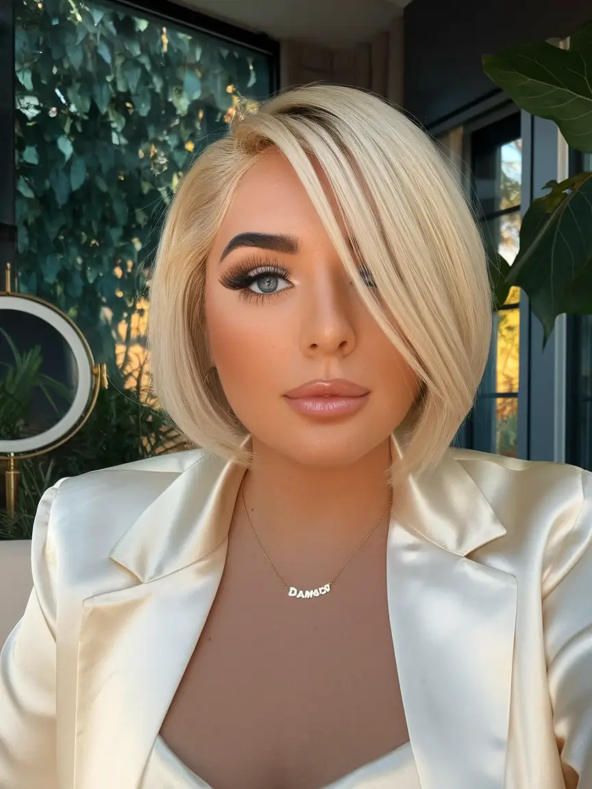 Best Short Haircut Ideas for Fall 2025 Platinum Power Bob with Deep Side Part