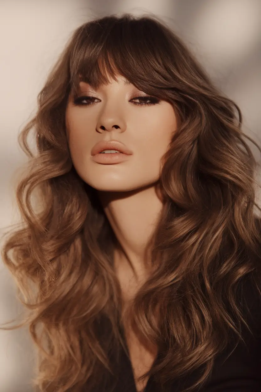 Caramel Fall Hair Colors Ideas 2025 for a Cozy Glow Soft Chocolate Waves with Curtain Fringe