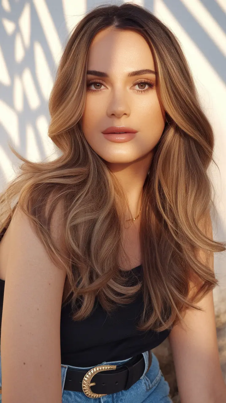 Caramel Fall Hair Colors Ideas 2025 for a Cozy Glow Sunlit Caramel Layers with Barely-There Waves