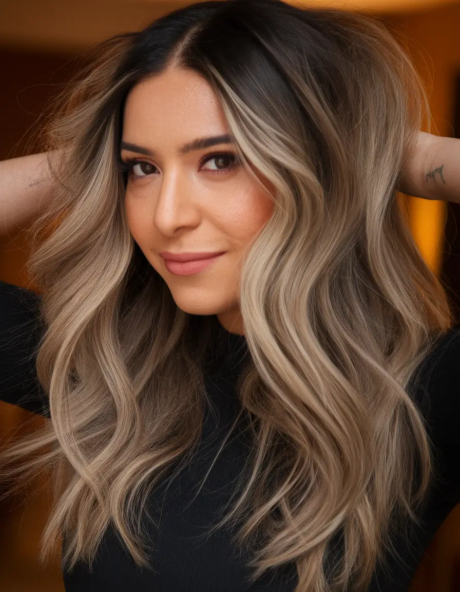 Caramel Fall Hair Colors Ideas 2025 for a Cozy Glow Dark Brunette Roots with Creamy Face-Framing Lights