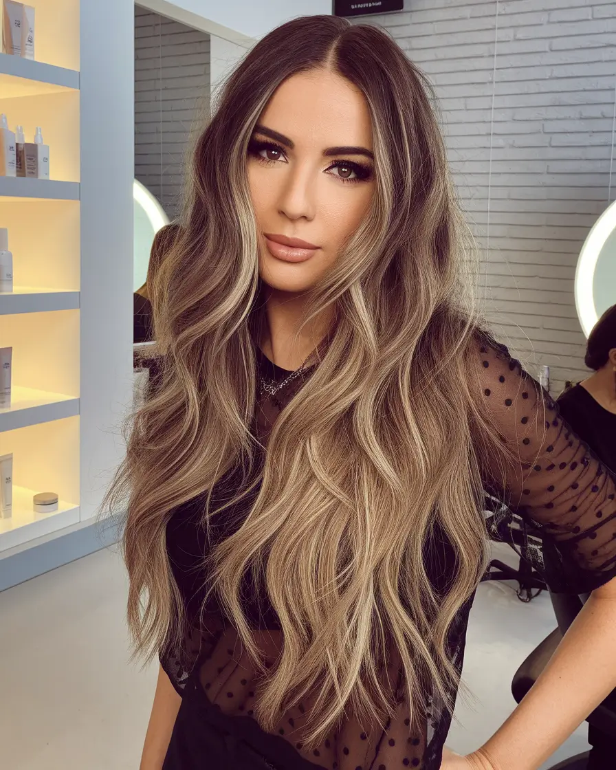 Caramel Fall Hair Colors Ideas 2025 for a Cozy Glow Extra Long Brunette Balayage with Ash-Caramel Ends