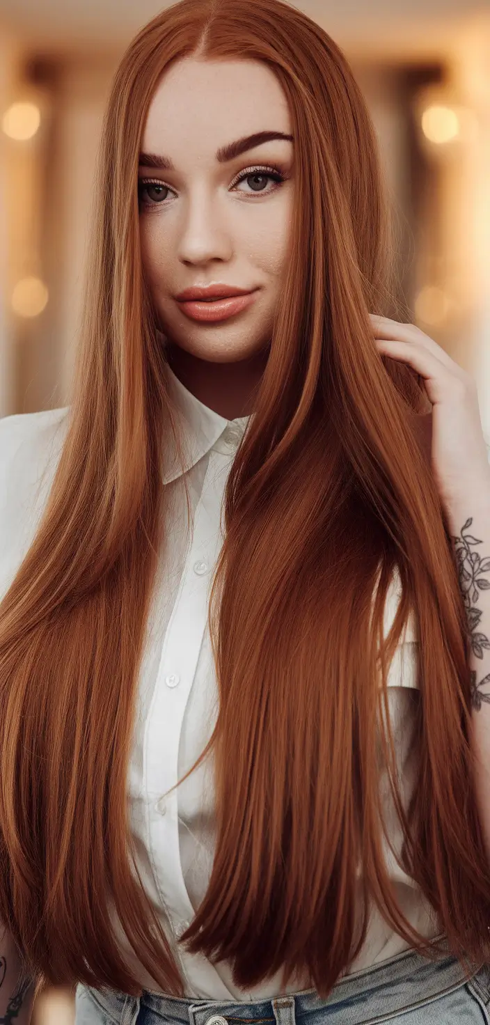 Caramel Fall Hair Colors Ideas 2025 for a Cozy Glow Sleek Burnt Copper Perfection