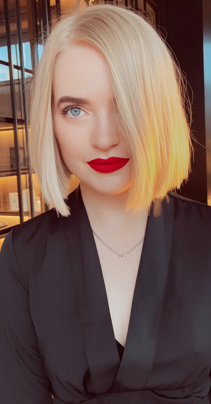 Chic Fall Bob Haircuts for 2025 Soft Side-Parted Platinum Bob with Clean Lines