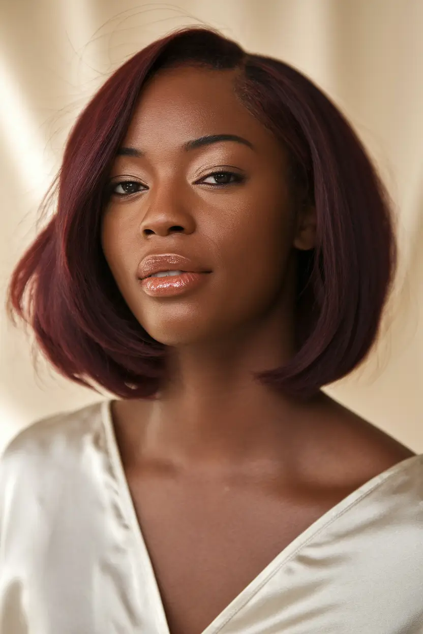 Chic Fall Bob Haircuts for 2025 Deep Plum Bob with Side Part Flair
