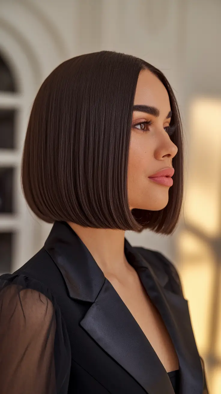 Chic Fall Bob Haircuts for 2025 Polished Classic Bob with Deep Brunette Shine