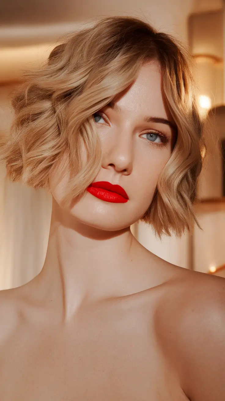 Chic Fall Bob Haircuts for 2025 Golden Blonde Razored Bob with Soft Waves