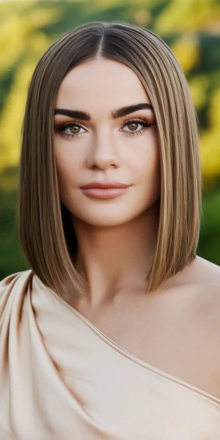 Chic Fall Bob Haircuts for 2025 Sleek Champagne Blonde Bob with Center Part