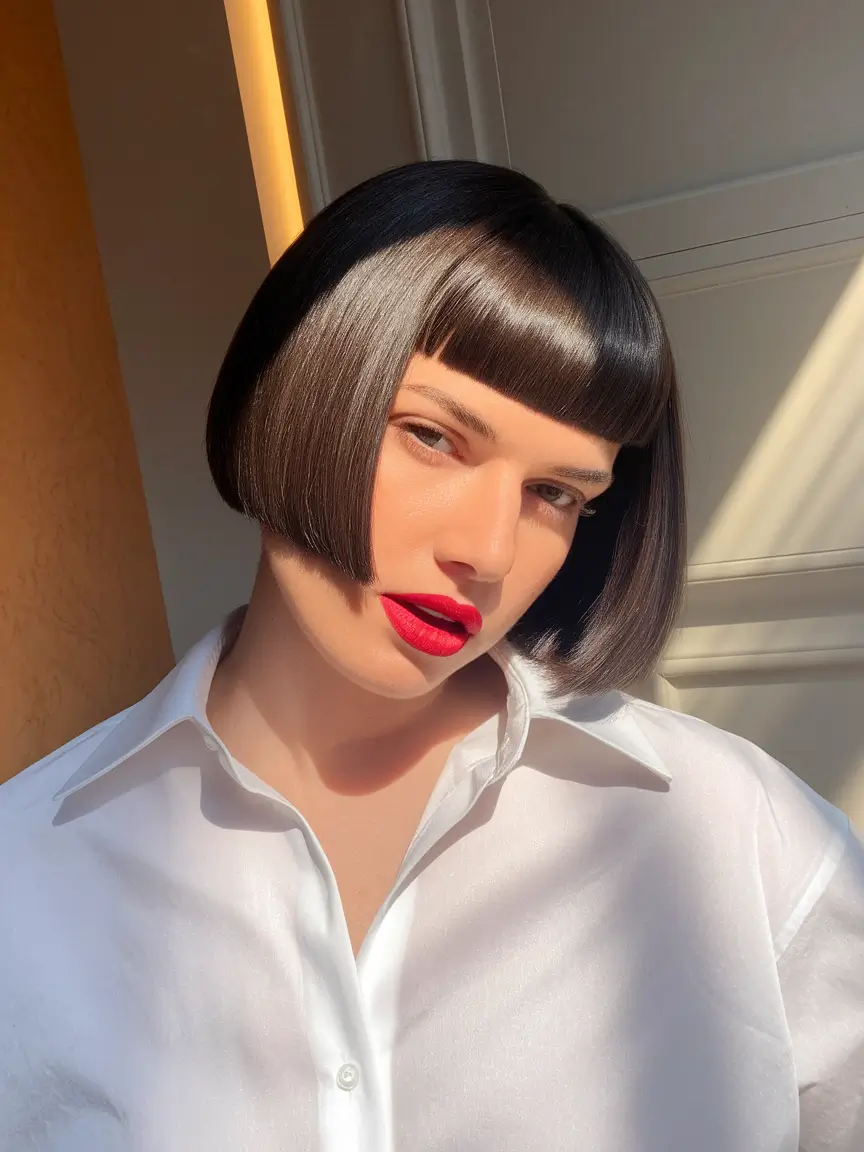 Chic Fall Bob Haircuts for 2025 Glossy Sculpted Bob with Micro Bangs