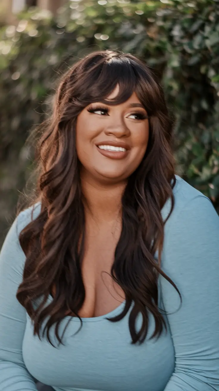 Long length Loose Layers with Curtain Bangs curly haircuts plus size women