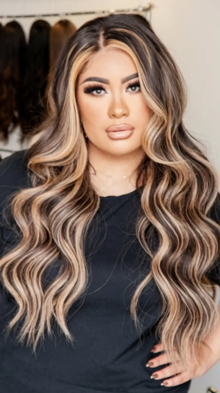 haircuts plus size women long length Modern Waves with Bold Face-Framing Highlights