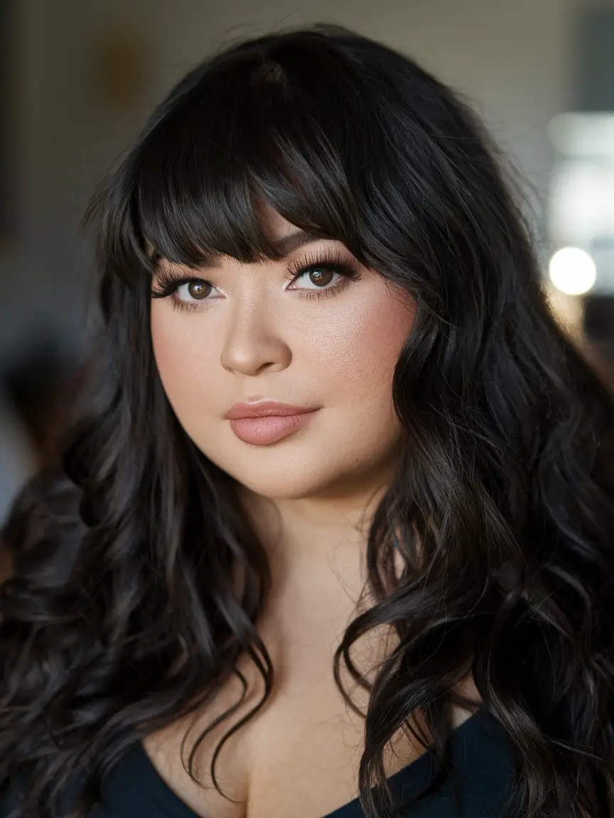 Long length Dark Curls and Wispy Bangs for Drama plus size women haircuts