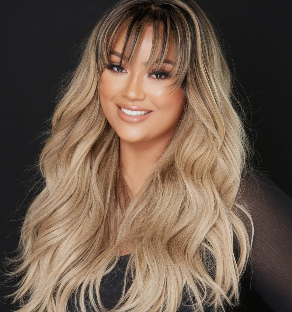 Long length Face-Framing Fringe with Cascading Curls haircuts plus size women round faces