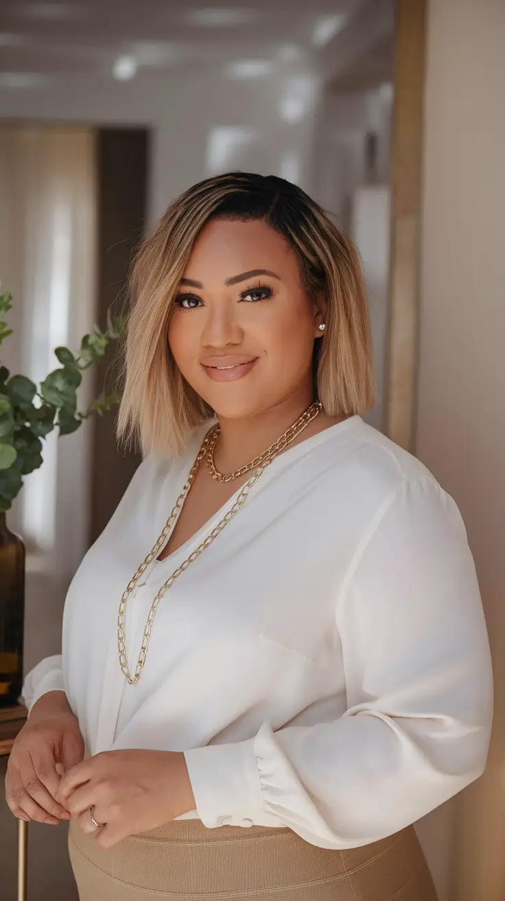 Bob Angled Perfection in a Sleek Honey Blonde Bob round face haircuts plus size women