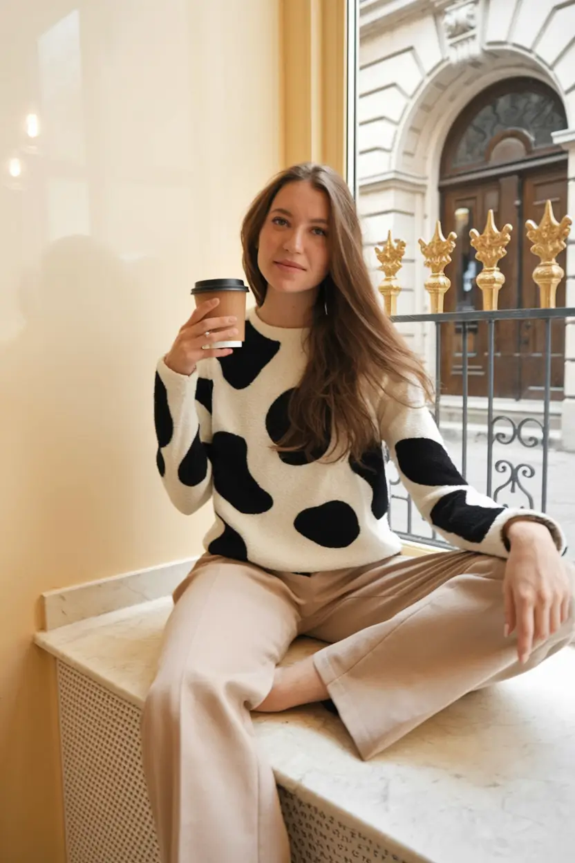 cozy fall outfits ideas 2025 Café Spot Dots & Neutrals